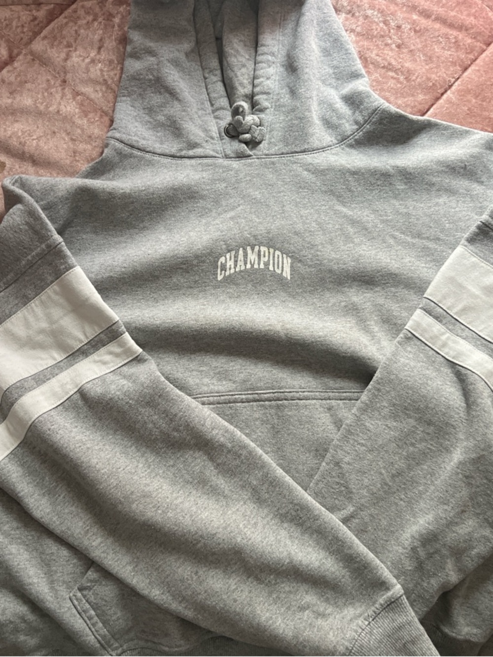 Champion Gray Hooded Sweatshirt with White Sleeve Stripes